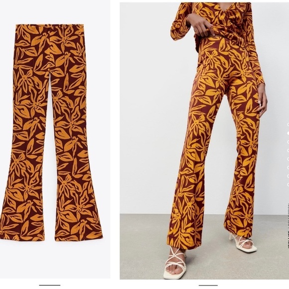 Zara red orange flared floral tropical Jacquard stretchy pants Sz L - Picture 2 of 12